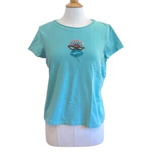 Christopher & Banks Aqua Blue Short Sleeve T-Shirt. Beaded Lotus Flower, Size XL